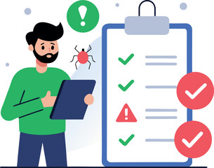 Flat Scene of a QA Tester Analyzing Bugs with Checklist