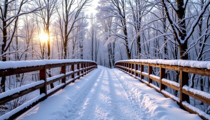 Naklejka premium Serene snow-covered wooden bridge in tranquil winter landscape nature photography peaceful atmosphere