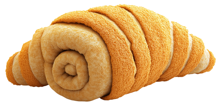 Rolled towel creatively shaped like croissant, showcasing playful and imaginative design. towel texture and color mimic appearance of freshly baked pastry., isolated