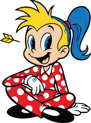 Cartoon character, yellow spiky hair, blue ponytail, red polka dot outfit, white gloves, cheerful pose, playful, smiling, arrow, fun