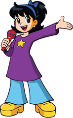 Cartoon character, black hair, blue ribbon, purple shirt, yellow star, blue pants, platform shoes, red microphone, singing, performer, pose