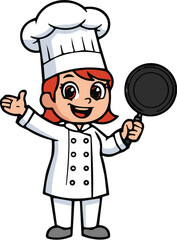 Cartoon chef character, red hair, white hat, double-breasted coat, black buttons, frying pan, thumbs up, smiling, cooking, happy, kitchen