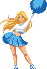 Cartoon cheerleader, blonde hair, white crop top, blue skirt, pom-poms, raised arm, energetic pose, white shoes, sporty, fun