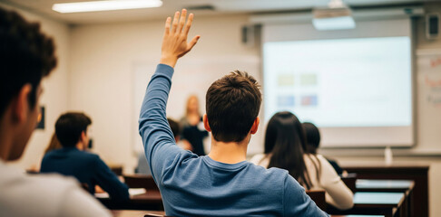 A student raises their hand to ask a question or answer in a classroom setting. The image captures an engaging and active learning environment with other students and a teacher visible.