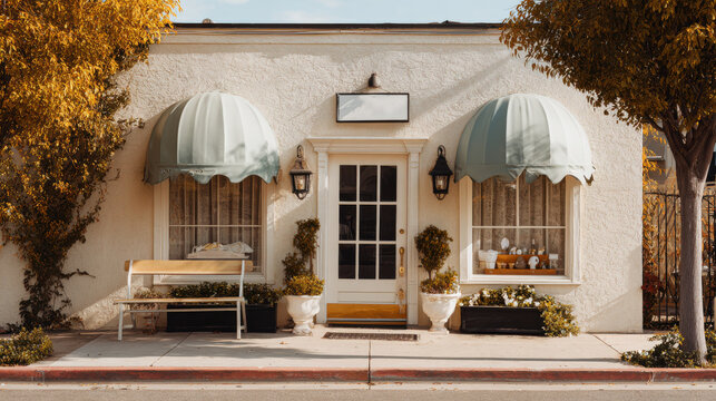 A charming dry cleaning shop with inviting awnings and a welcoming door.