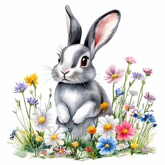 Cute rabbit surrounded by colorful flowers in a vibrant meadow setting whimsical illustration nature scene artistic viewpoint enchanting concept for seo impact