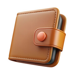 3d brown leather bifold wallet with snap closure isolated on transparent background