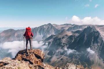 Mountain climber testing limits rocky peaks adventure photography clear skies dramatic landscape outdoor exploration