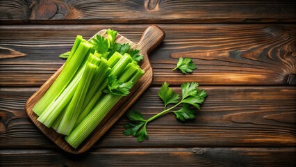 Aromatic Celery Stalks Arranged on Rustic Wooden Board with Fresh Parsley Garnish