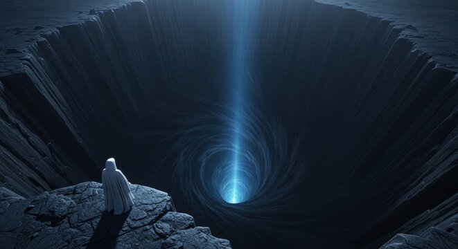 Cloaked figure standing at the edge of a dark abyss with a blue light vortex