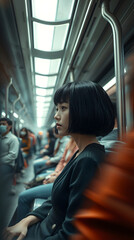 Introspective Asian Woman on a Subway Focused, Observant