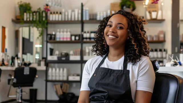 Inviting shows smiling beautician in her salon. Shelves display hair, beauty products in background. stylist awaits her next customer, showcasing friendly, professional environment.