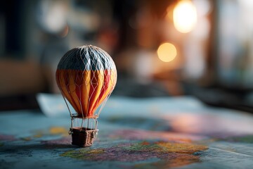 A toy hot air balloon on a world map