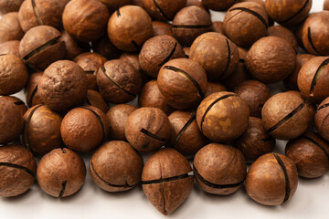 Macadamia nuts in a shell isolated on a white background.