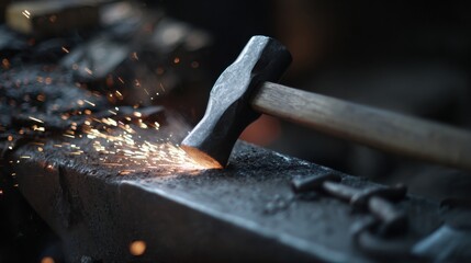 Close up of hammer striking hot steel rod, creating sparks in blacksmith workshop. intense heat and energy of moment highlight craftsmanship involved in metalworking