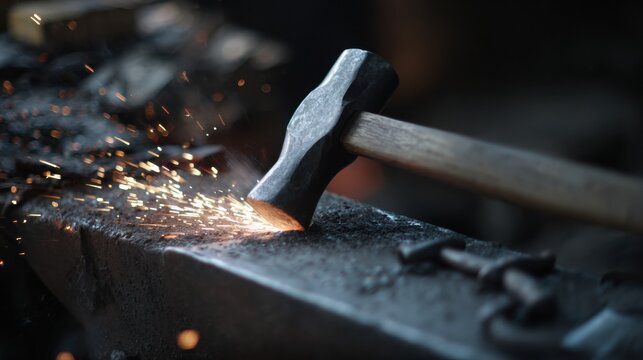 Close up of hammer striking hot steel rod, creating sparks in blacksmith workshop. intense heat and energy of moment highlight craftsmanship involved in metalworking - Powered by Adobe