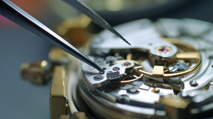 Detailed shot of mechanical watch assembly showcasing intricate components and precision tools. image captures delicate craftsmanship involved in watchmaking, highlighting beauty of engineering