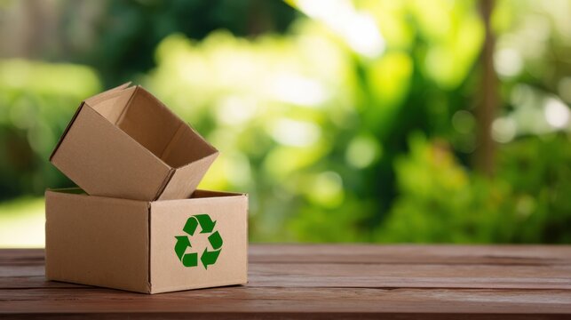 Eco friendly cardboard boxes are stacked on wooden surface, showcasing recycling symbol. vibrant green background emphasizes sustainability and environmental consciousness