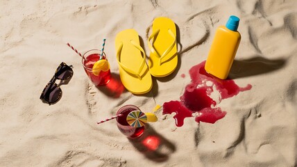 Yellow flip flops and drinks spilled on sand beach