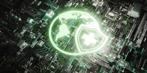 Glowing globe health shield icon on futuristic tech circuit 3D render of global digital security and environmental protection