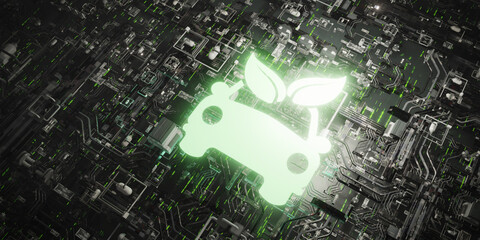 Glowing green electric car icon on futuristic tech circuit Abstract 3D render of eco innovation