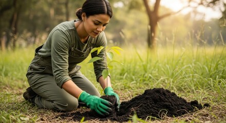 Environmental volunteer planting a young tree in a grassy park