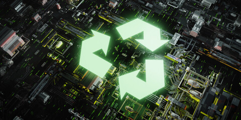Futuristic eco technology with glowing recycling icon on digital circuit board Green energy innovation concept 3D render