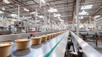 Automated packaging line in factory showcasing production process with containers moving along conveyor belt. environment is bright and organized, reflecting efficiency and modern technology