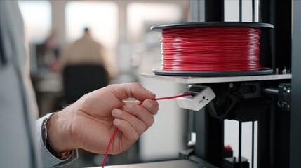Adjusting 3D printer filament spool, worker carefully connects red filament to printer. workspace is modern and well lit, showcasing focus on technology and innovation