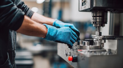 Worker wearing protective gloves is adjusting CNC machine in manufacturing environment, showcasing precision and attention to detail. atmosphere is focused and industrious