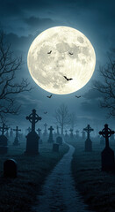 A spooky graveyard scene illuminated by a full moon with bats flying in the night sky above the graves
