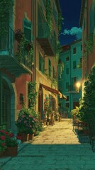 Fototapeta premium A charming, quiet alleyway at dusk, filled with flowers and plants.