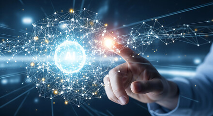 Fototapeta premium Digital Hand Interacting with AI Network Sphere.