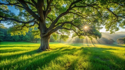 Obraz premium Serene Sunrise Illuminating a Majestic Oak Tree in a Verdant Meadow