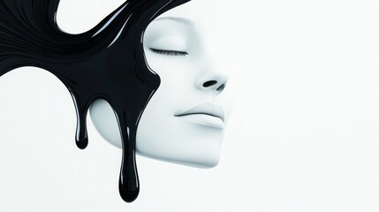 Naklejka premium Abstract portrait of a human face turning into a beautiful vase with black liquid drops. Metaphor for hidden sadness.