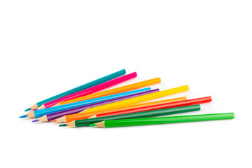 Colored pencils isolated on white background. Equipment for coloring. Stationery for creativity.Back to school. Flatlay. Children's Creativity and Education. Rainbow.