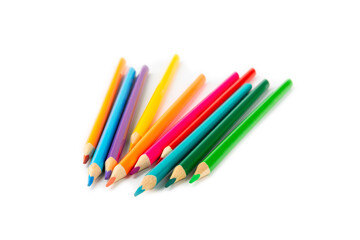 Colored pencils isolated on white background. Equipment for coloring. Stationery for creativity.Back to school. Flatlay. Children's Creativity and Education. Rainbow.