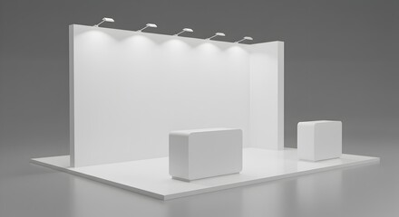 Blank White Trade Show Booth Mockup with Counters and Spotlights