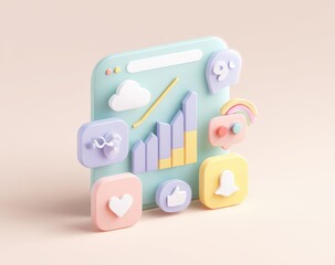 Pastel-colored 3D social media app interface.  A collection of diverse social media icons, arranged around a light teal-colored app interface.  Icons include hearts, chat bubbles, graphs.