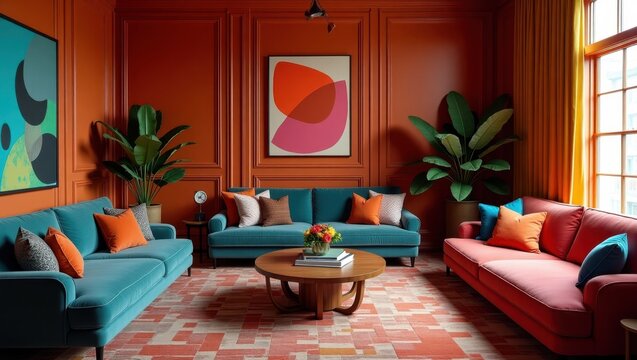 Vibrant living room with teal and rust colored sofas.