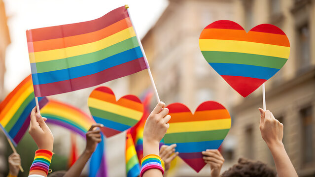 People proudly wave rainbow flags and hearts celebrating pride and diversity