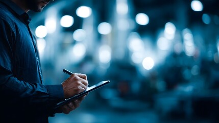 Investor analyzing financial data on a tablet in a manufacturing plant setting