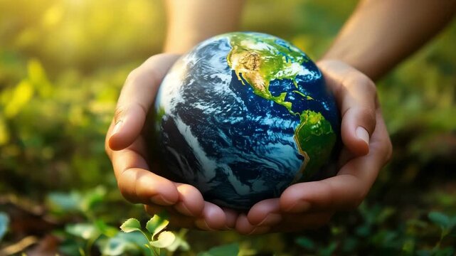 Individuals engage in sustainable practices while holding a globe, emphasizing environmental responsibility and care for nature