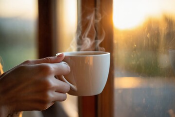 Hand holding white cup hot drink steam morning sunlight window relaxation cozy warm peaceful beverage sunrise