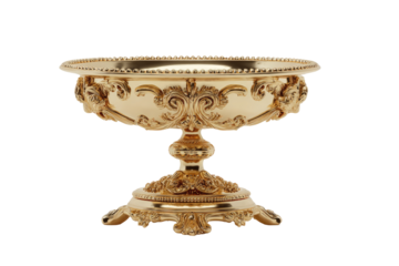 Ornate gold-toned bowl on pedestal base.  Detailed carvings and embellishments