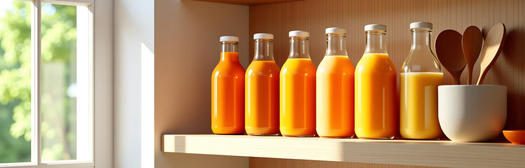 cluster vibrant juice bottles various hues nestled sleek kitchen utensils minimalist wooden shelf bathed soft