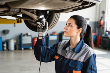 Female mechanic inspecting car undercarriage with flashlight in auto repair shop, focused and professional expression