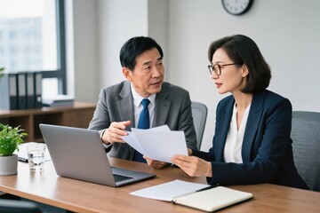 Business meeting with two Asian professionals discussing documents at office desk, teamwork and collaboration concept