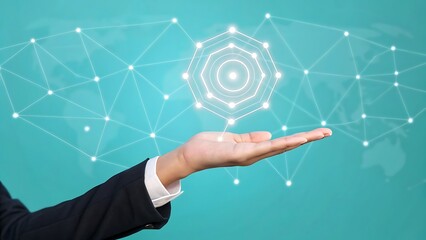 Hand presenting a glowing digital network and abstract data visualization