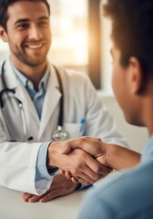 Doctor and patient shaking hands in a medical office.